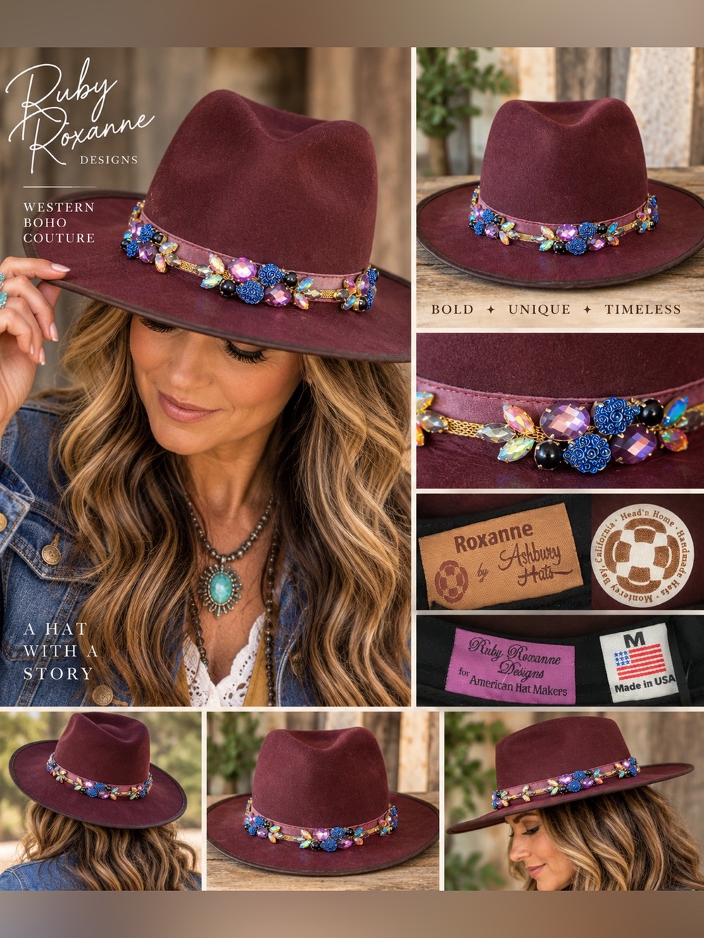 Ruby Roxanne x American Hat Makers Burgundy Leather Jeweled Western Hat M